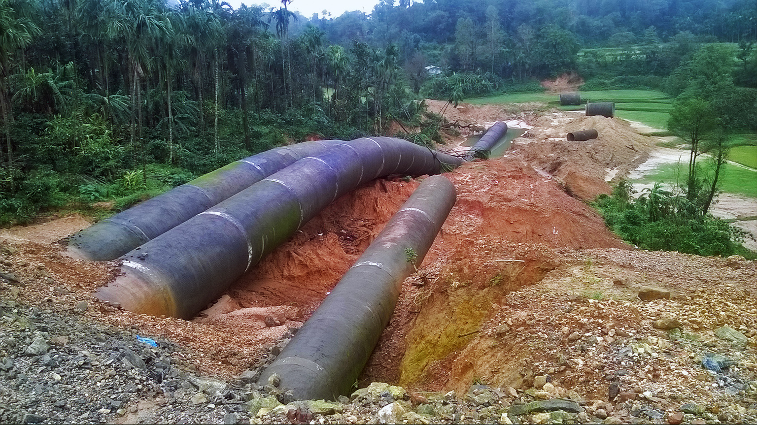 Massive water diversion pipelines cut through the Western Ghats landscape
